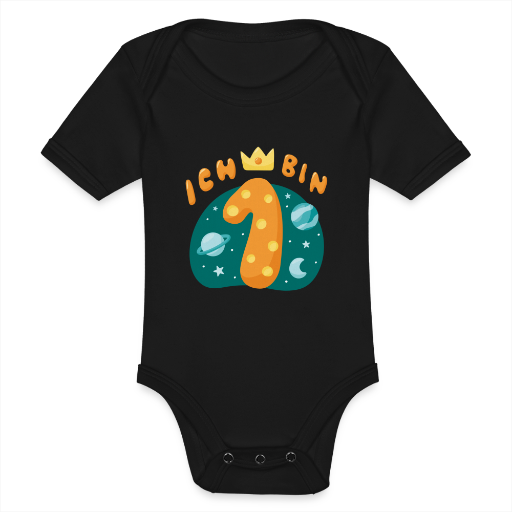 Baby Bio-Kurzarm-Body "Ich bin 1" (Weltraum-Motiv) - Schwarz