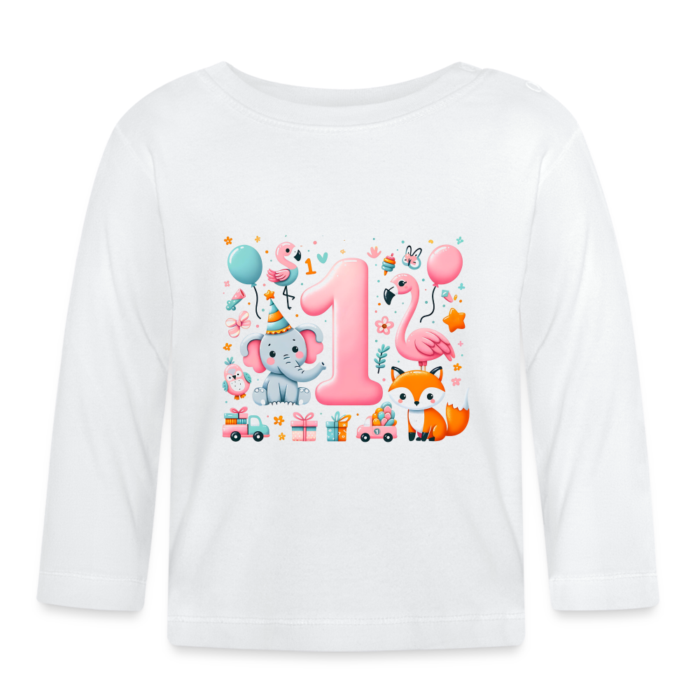 Baby Langarmshirt "1. Geburtstag" (Flamingo-Motiv) - Weiß