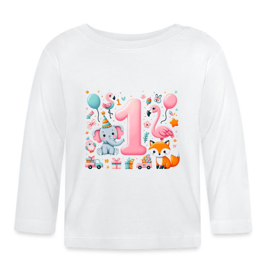 Baby Langarmshirt "1. Geburtstag" (Flamingo-Motiv) - Weiß