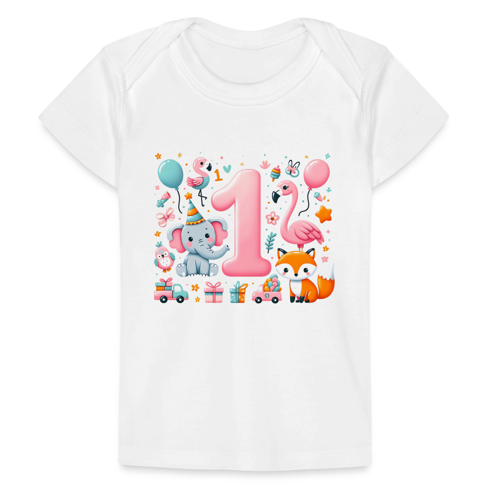 Baby Bio-T-Shirt "1. Geburtstag" (Flamingo-Motiv) - Weiß