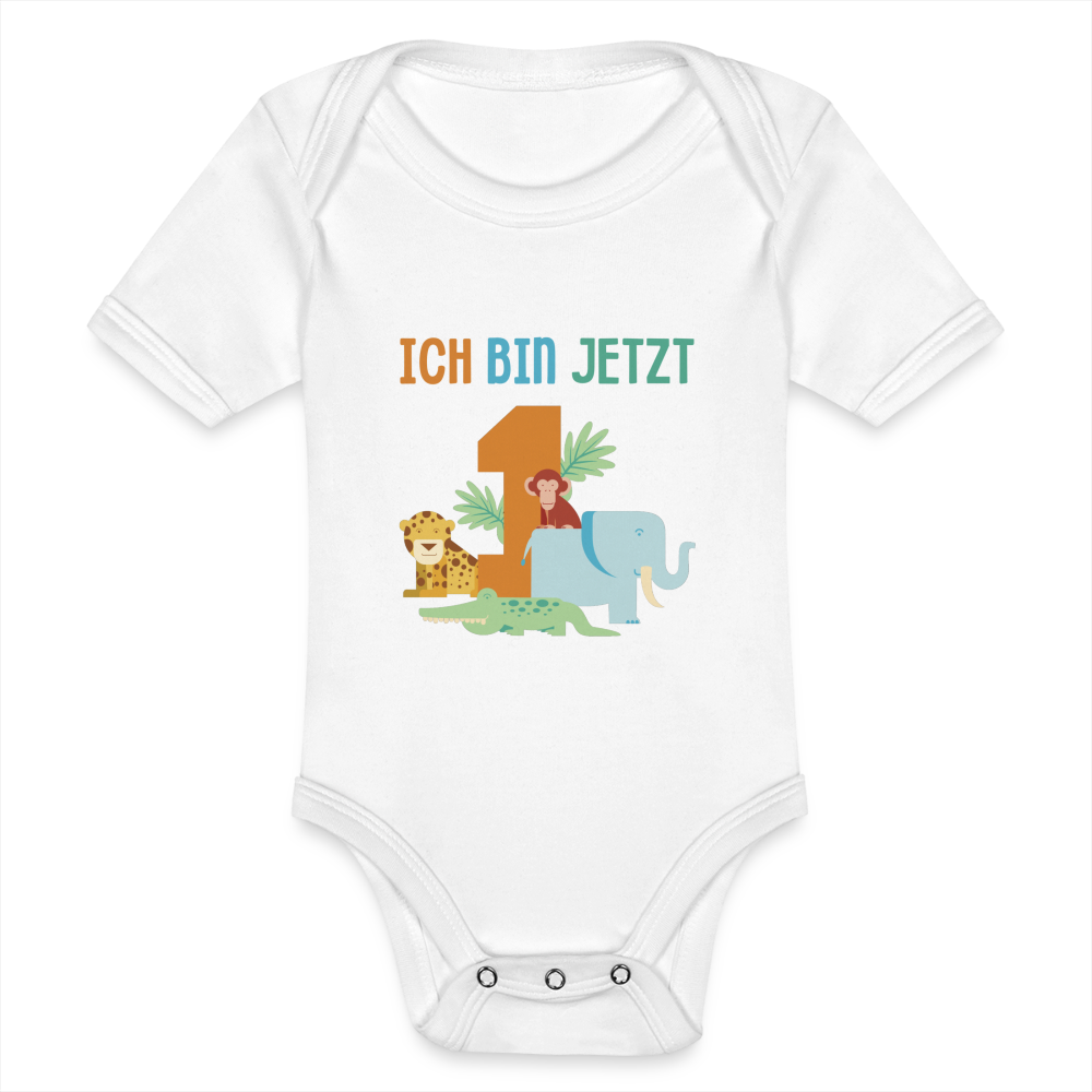 Baby Bio-Kurzarm-Body "Ich bin jetzt 1" (Tiermotiv) - Weiß