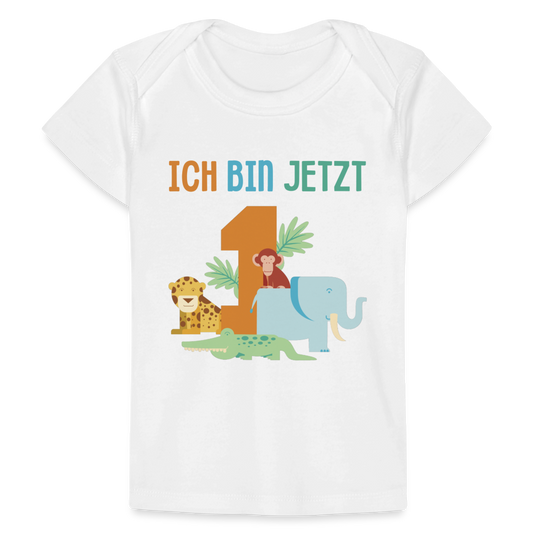 Baby Bio-T-Shirt "Ich bin jetzt 1" (Tiermotiv) - Weiß