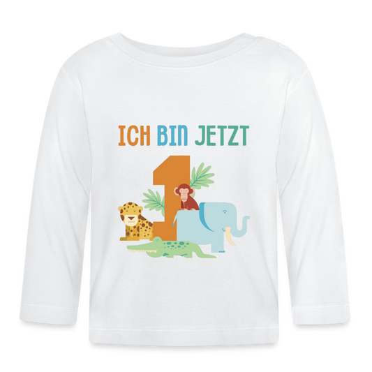 Baby Langarmshirt "Ich bin jetzt 1" (Tiermotiv) - Weiß