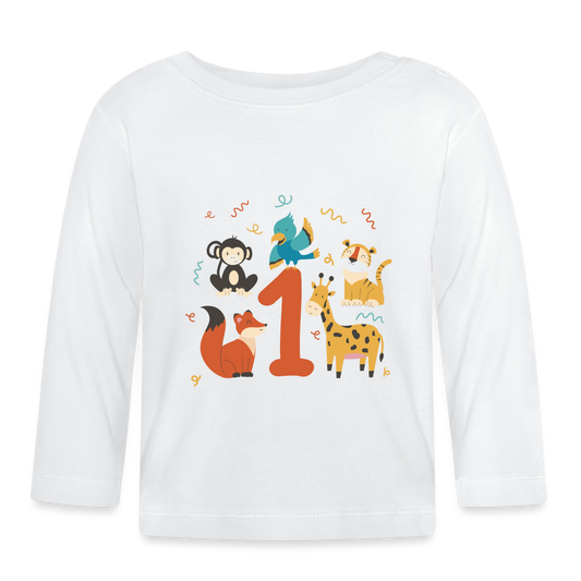 Baby Langarmshirt "1. Geburtstag" (Niedliche Tiere) - Weiß