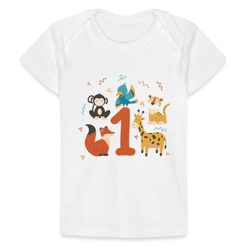 Baby Bio-T-Shirt "1. Geburtstag" (Niedliche Tiere) - Weiß