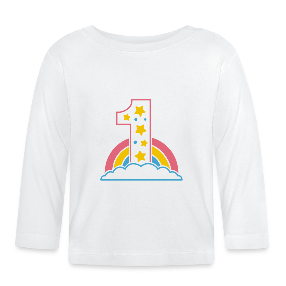 Baby Langarmshirt "1 mit Regenbogen und Wolken" - Weiß