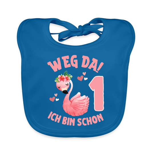 Baby Bio-Lätzchen "Weg da! Ich bin schon 1" (Flamingo) - Pfauenblau