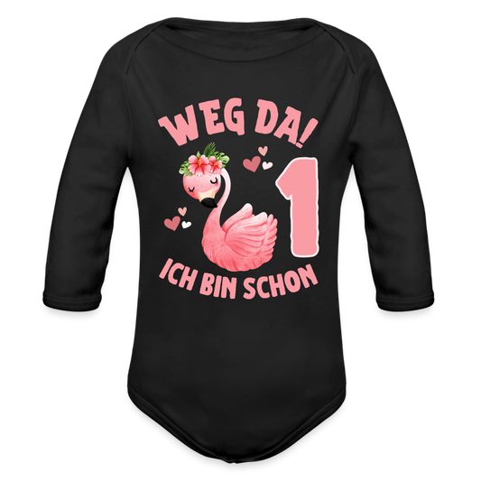 Baby Bio-Langarm-Body "Weg da! Ich bin schon 1" (Flamingo) - Schwarz