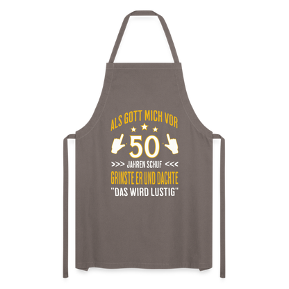 Kochschürze "Als Gott mich vor 50 Jahren schuf, grinste er" - Grau