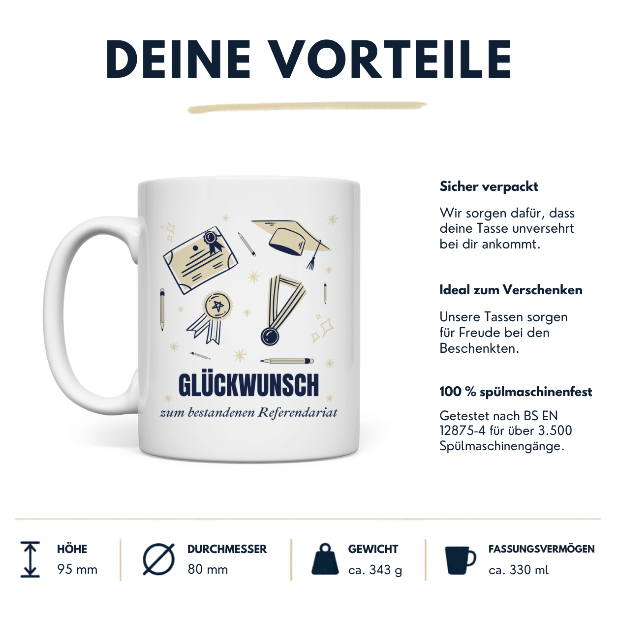 Tasse "Glückwunsch zum bestandenen Referendariat" Vorteile