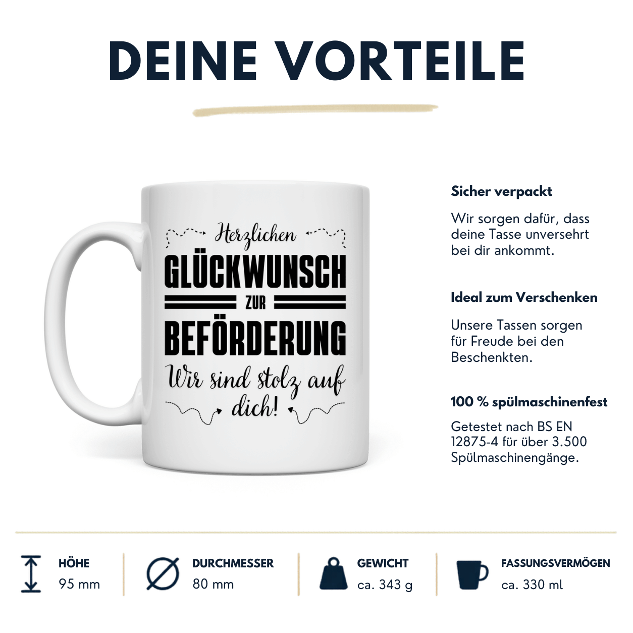 Tasse "Glückwunsch zur Beförderung - Wir sind stolz auf dich" Vorteile