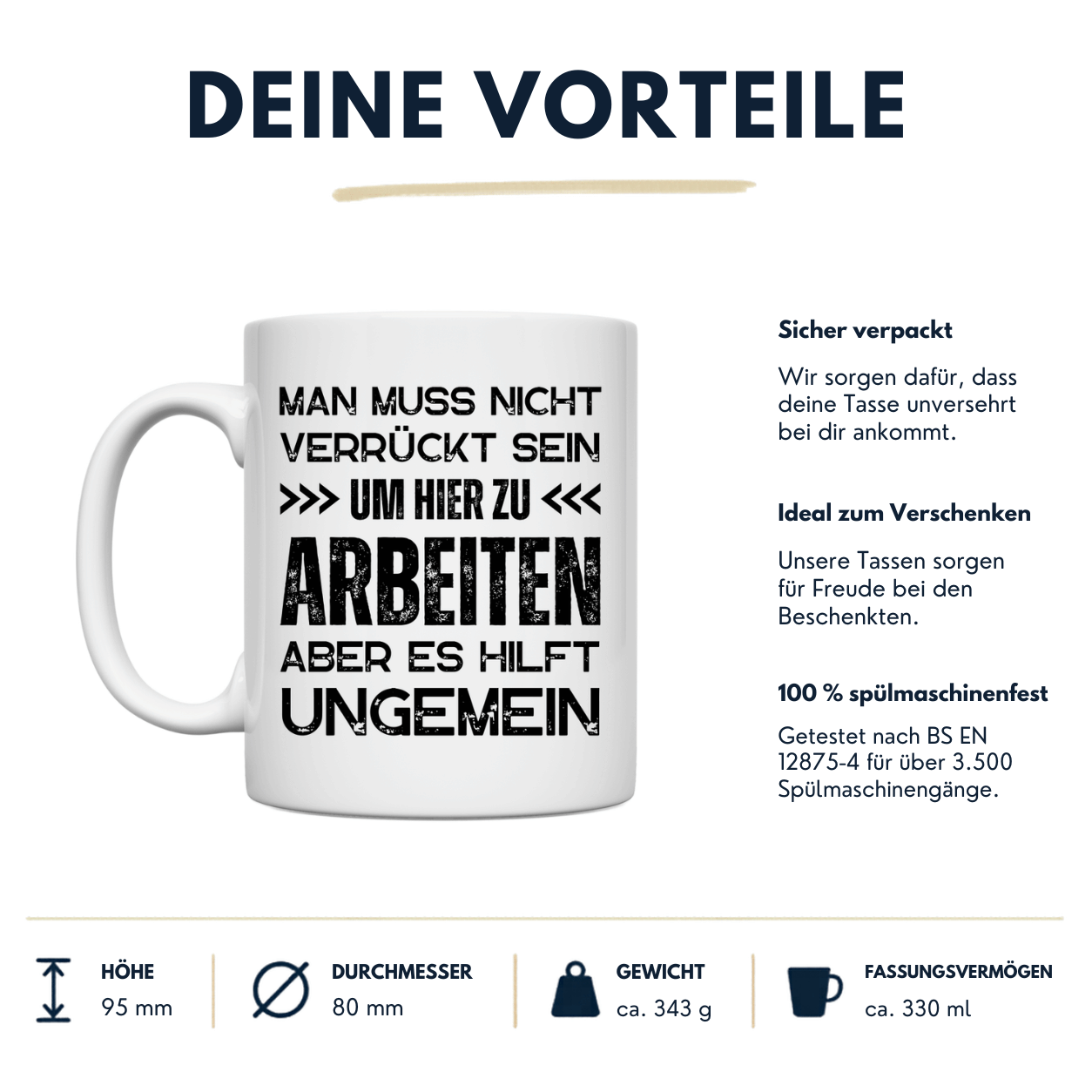 Tasse "Man muss nicht verrückt sein um hier zu arbeiten" Vorteile