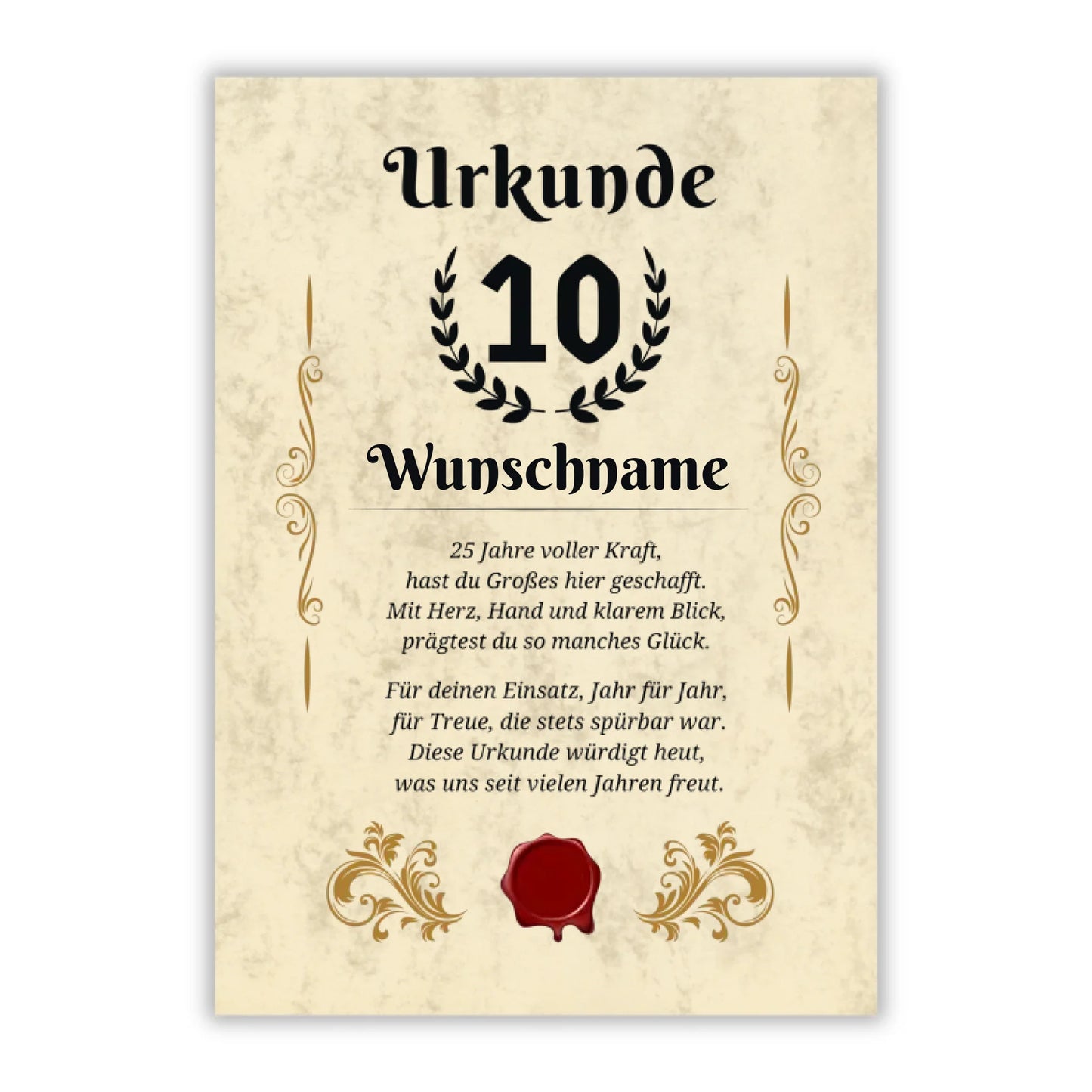Urkunde "10. Dienstjubiläum" (Personalisiert mit Wunschnamen)