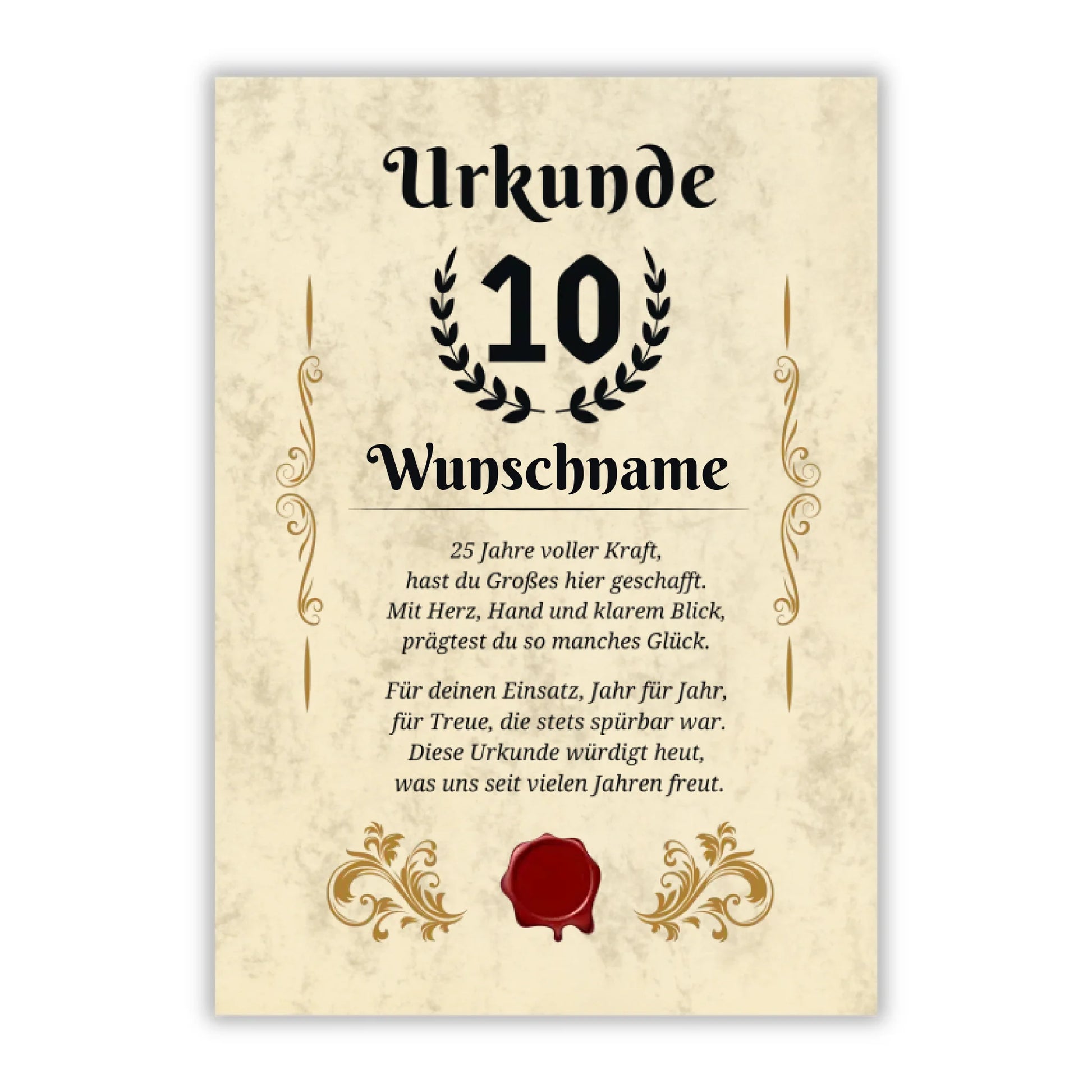 Urkunde "10. Dienstjubiläum" (Personalisiert mit Wunschnamen)