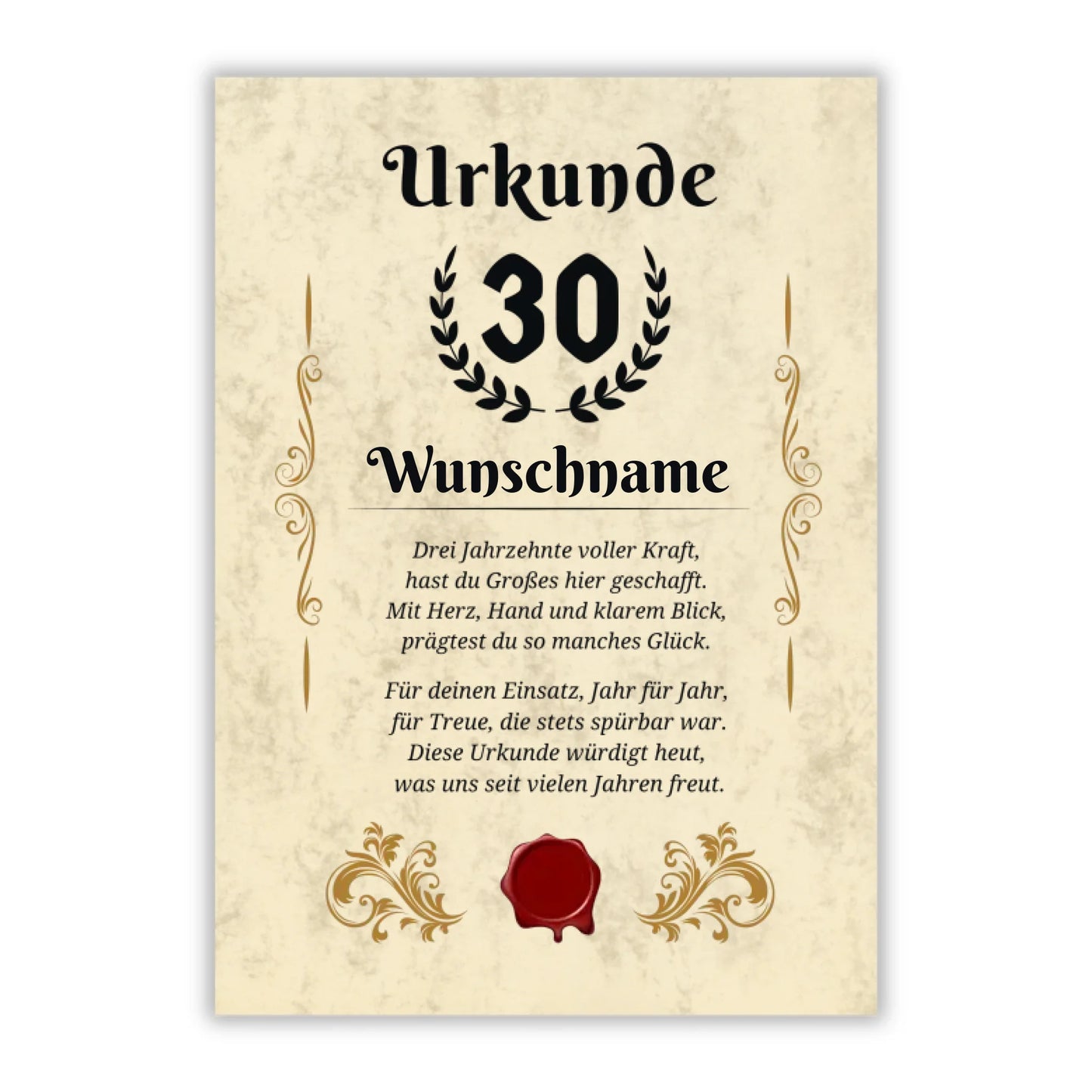 Urkunde "30. Dienstjubiläum" (Personalisiert mit Wunschnamen)