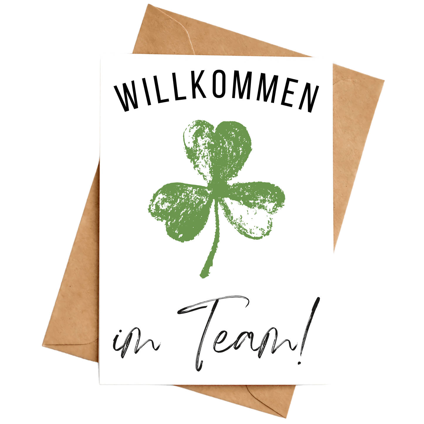 Willkommen im Team Karte mit Kleeblatt-Motiv