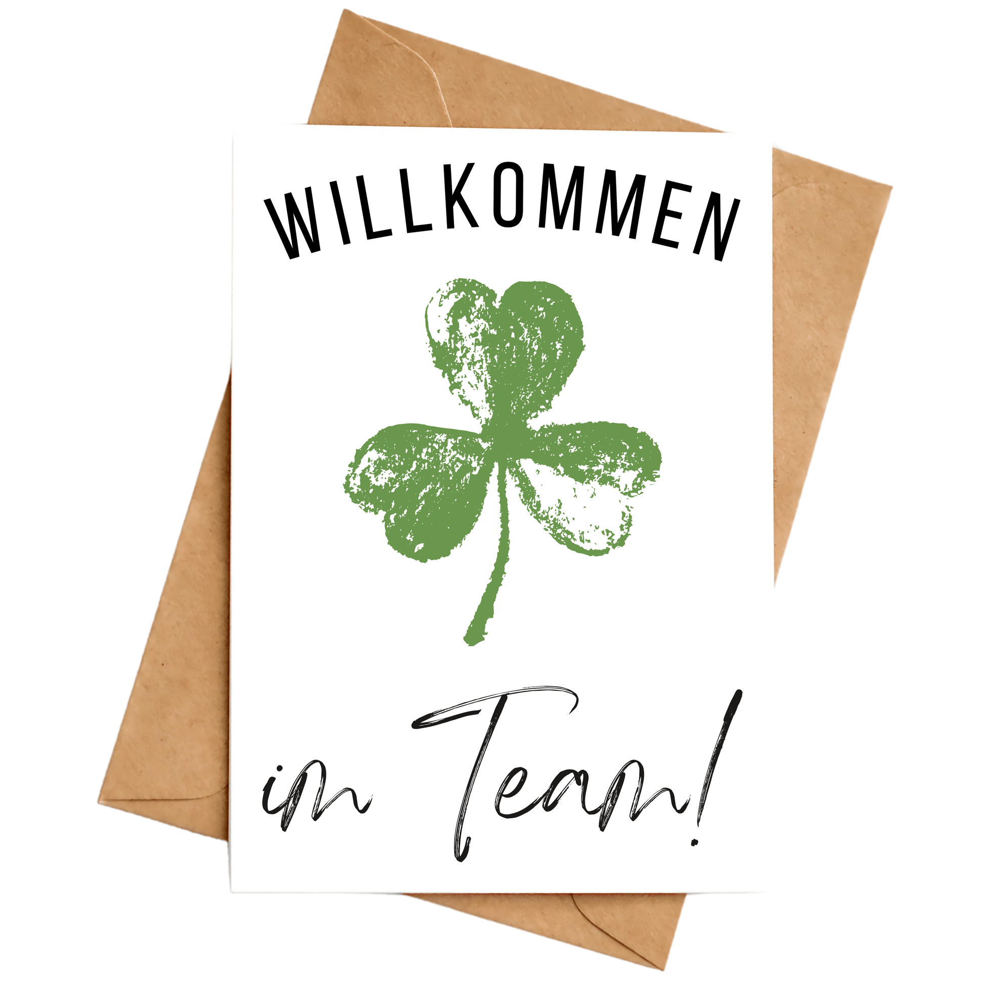 Willkommen im Team Karte mit Kleeblatt-Motiv
