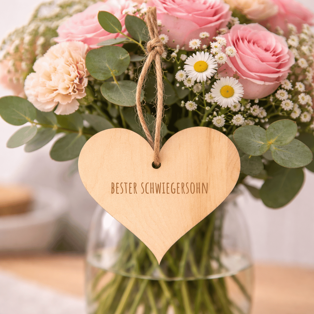 Zirbenholz-Herz mit "Bester Schwiegersohn" Gravur Blumenstrauß
