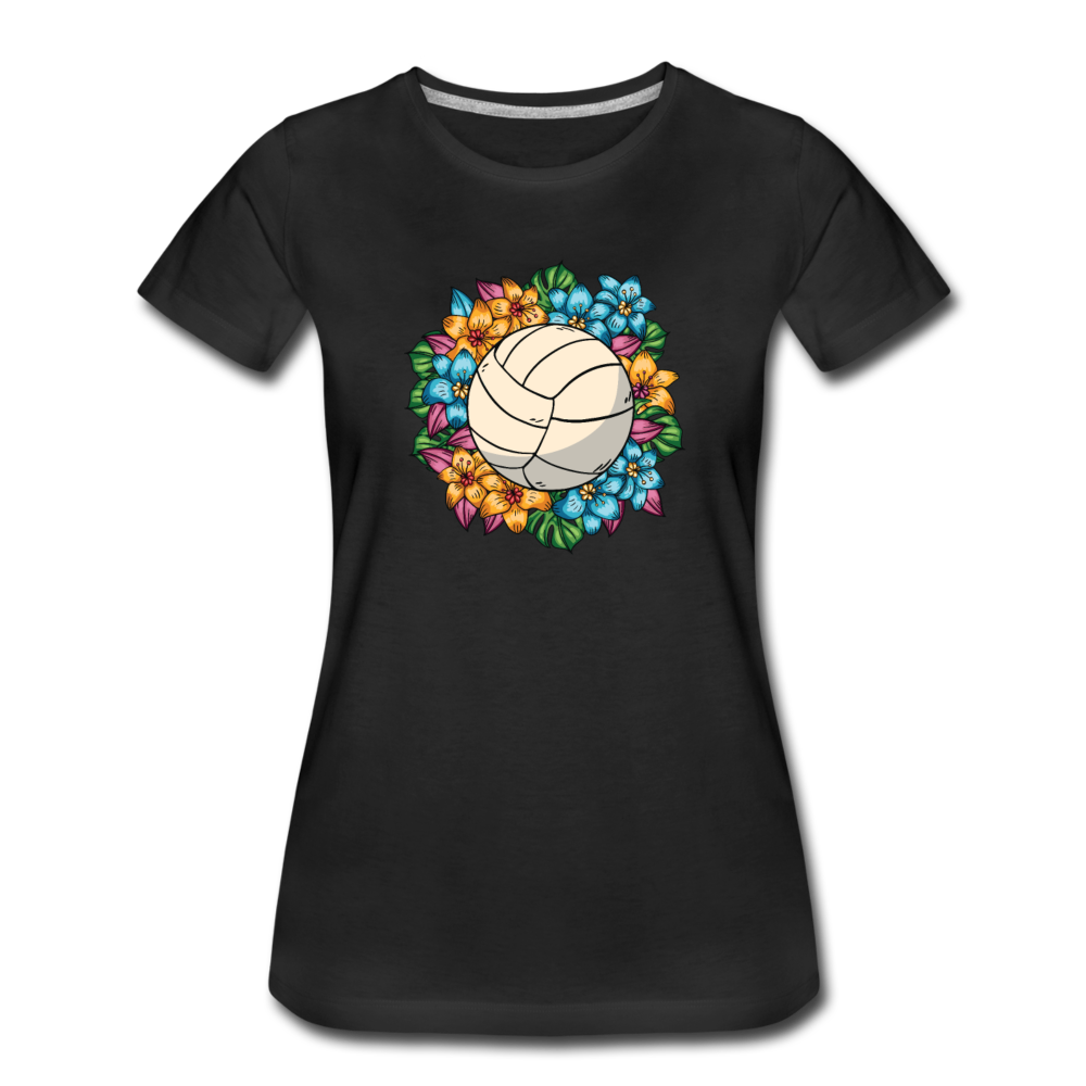 Frauen T-Shirt mit Volleyball im Blumenmotiv - Schwarz