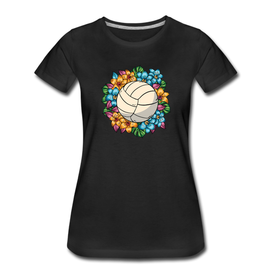 Frauen T-Shirt mit Volleyball im Blumenmotiv - Schwarz
