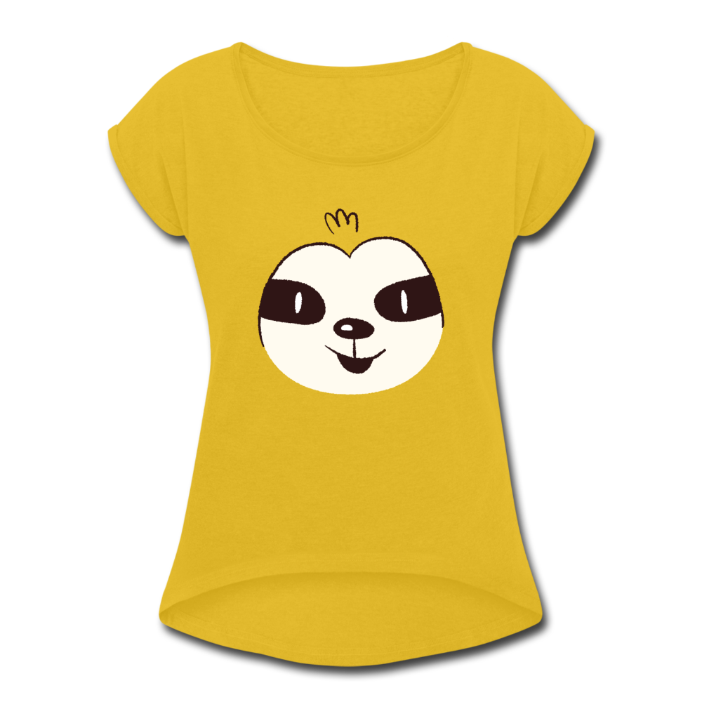 Frauen T-Shirt mit gerollten Ärmeln und Faultier-Gesicht - Senfgelb