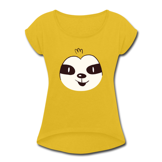 Frauen T-Shirt mit gerollten Ärmeln und Faultier-Gesicht - Senfgelb