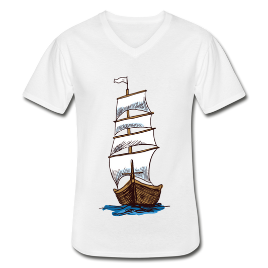 Männer T-Shirt V-Ausschnitt mit Segelboot - Weiß