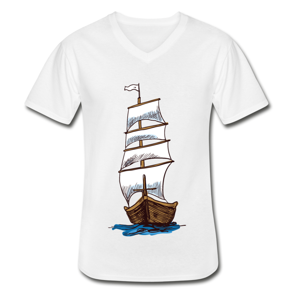 Männer T-Shirt V-Ausschnitt mit Segelboot - Weiß