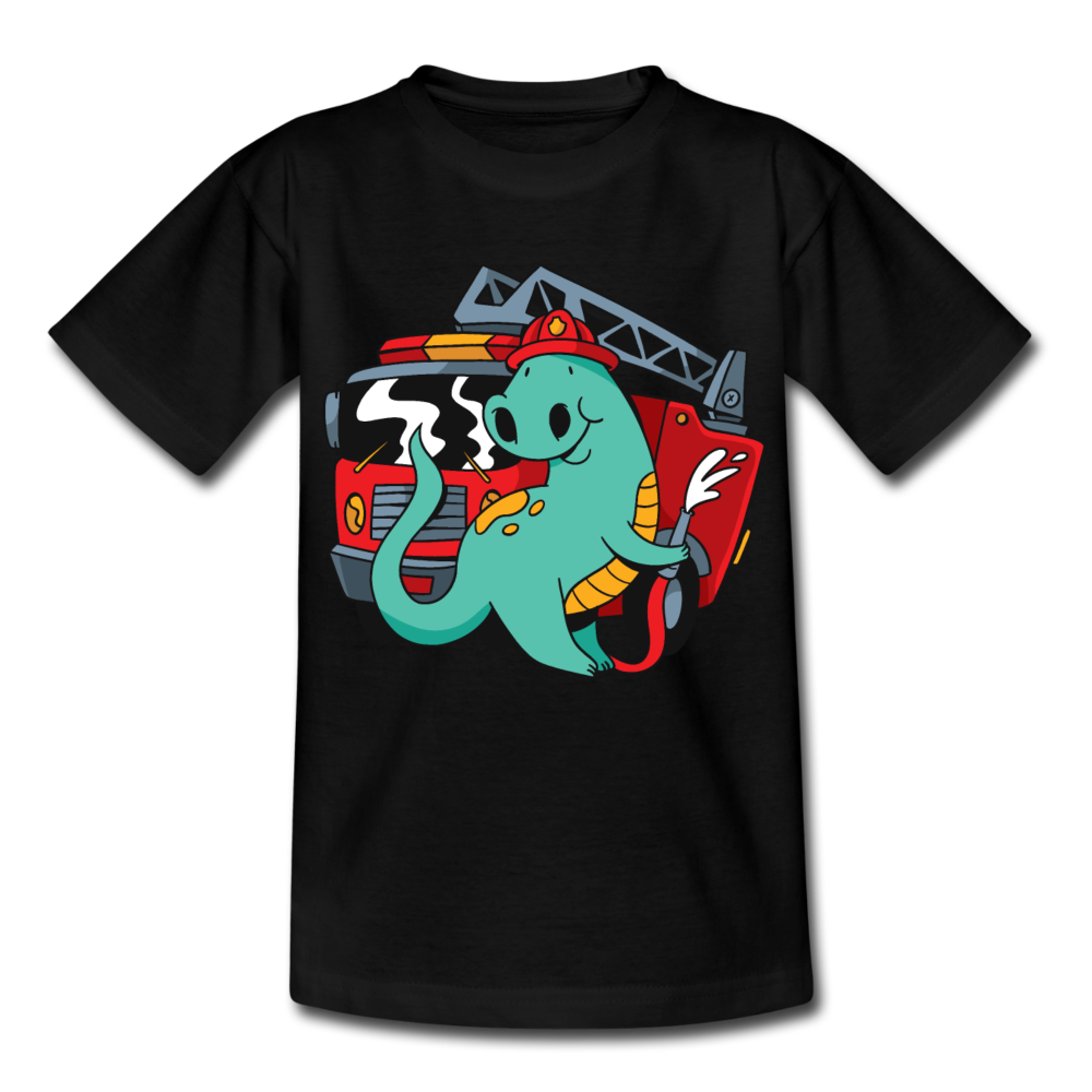Kinder T-Shirt "Feuerwehr-Dinosaurier" - Schwarz