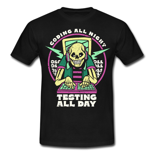 Männer T-Shirt "Coding all night - Testing all day" - Schwarz