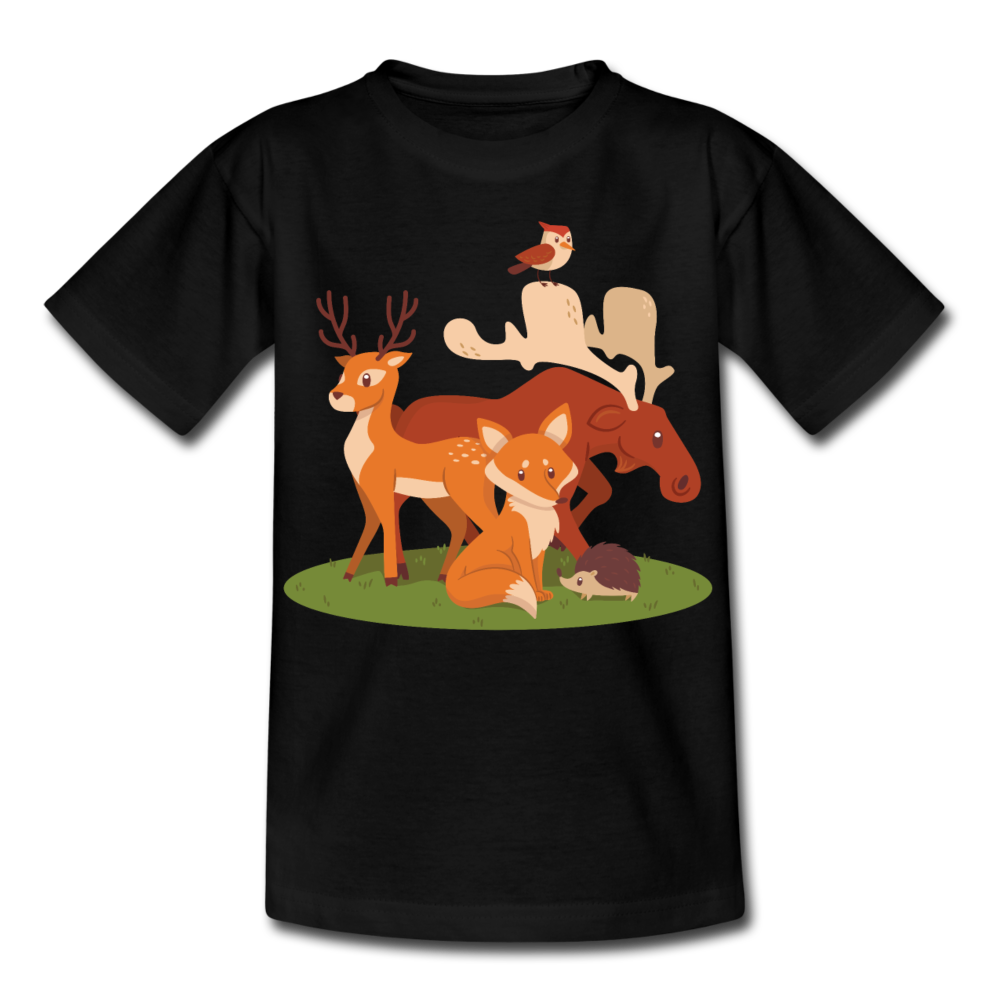 Kinder T-Shirt "Fuchs mit anderen Tieren" - Schwarz