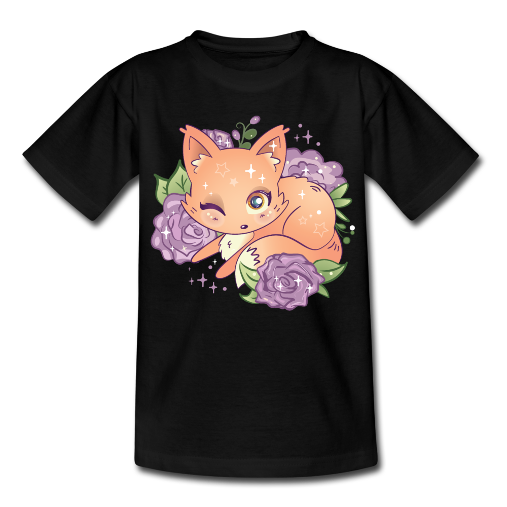 Kinder T-Shirt "Fuchs mit Blumen" - Schwarz