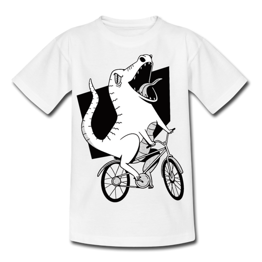 Kinder T-Shirt "Fahrradfahrender Dinosaurier" - Weiß