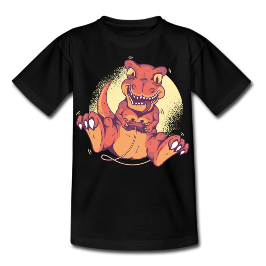 Kinder T-Shirt "Dinosaurier zockt an der Konsole" - Schwarz