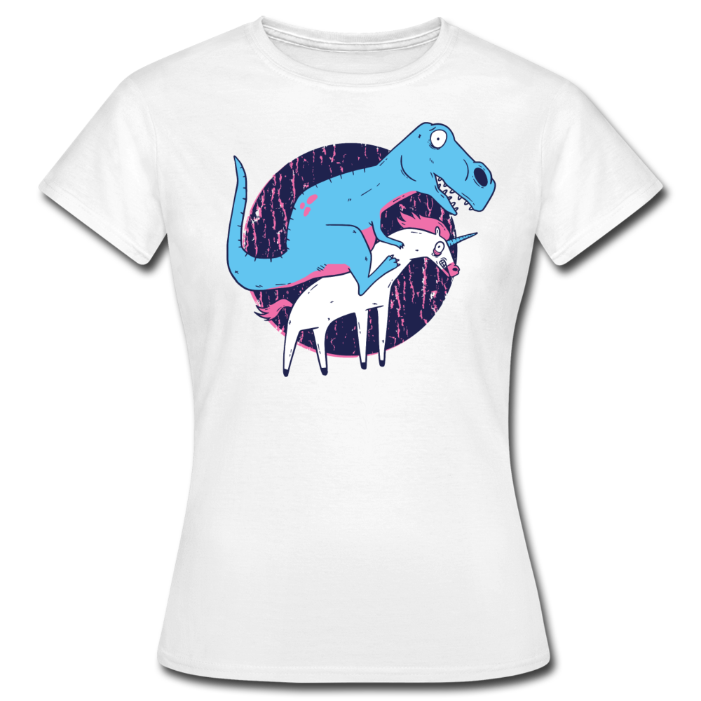 Frauen T-Shirt "Dinosaurier auf Einhorn" - Weiß