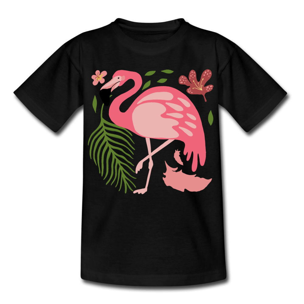 Kinder T-Shirt "Flamingo mit Pflanzen" - Schwarz