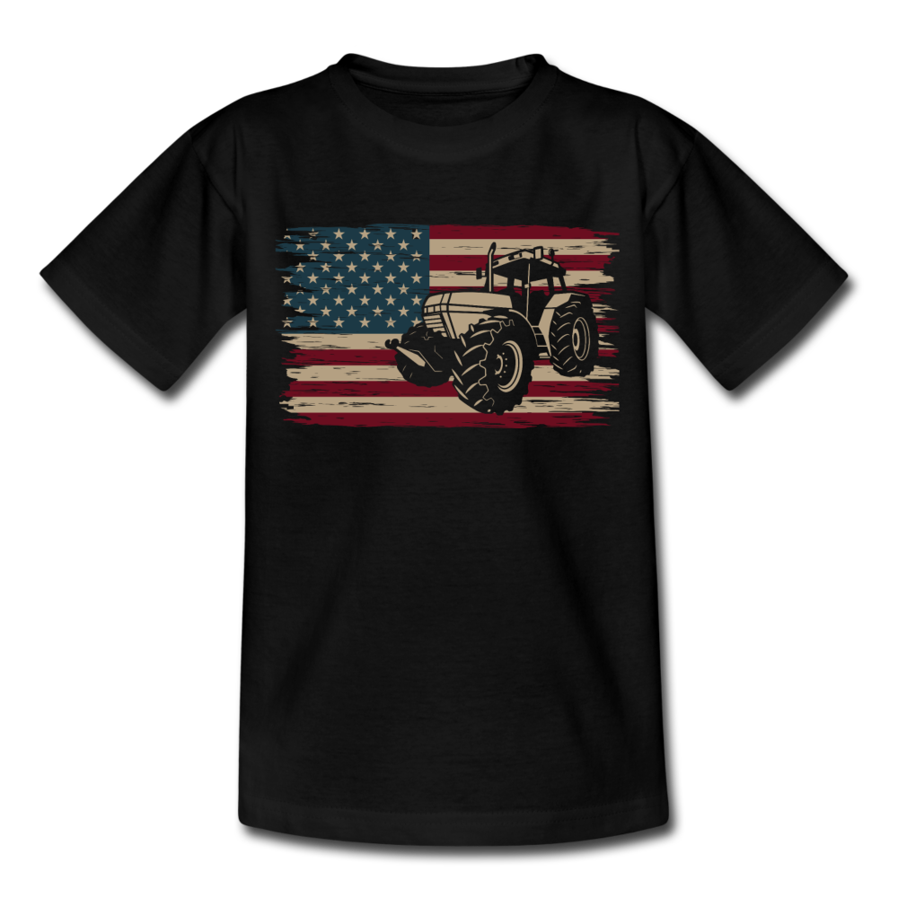 Kinder T-Shirt "Amerikanische Flagge mit Traktor" - Schwarz