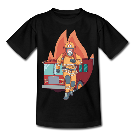 Kinder T-Shirt "Rennender Feuerwehrmann" - Schwarz
