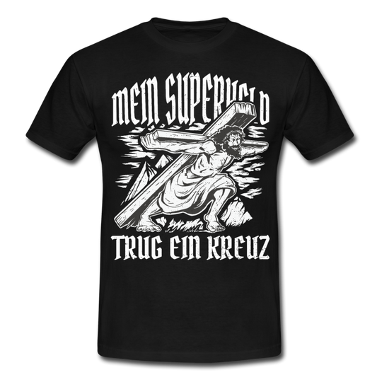 Männer T-Shirt "Mein Superheld trug ein Kreuz" - Schwarz