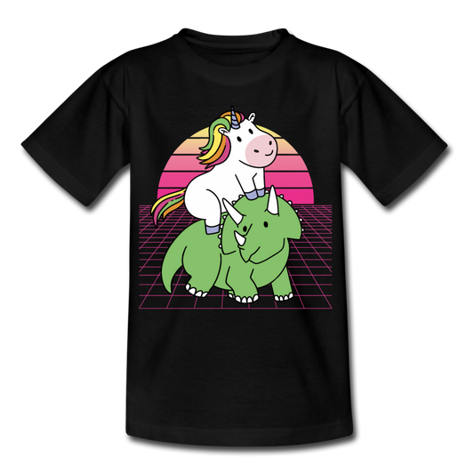 Kinder T-Shirt "Einhorn mit Dinosaurier" - Schwarz
