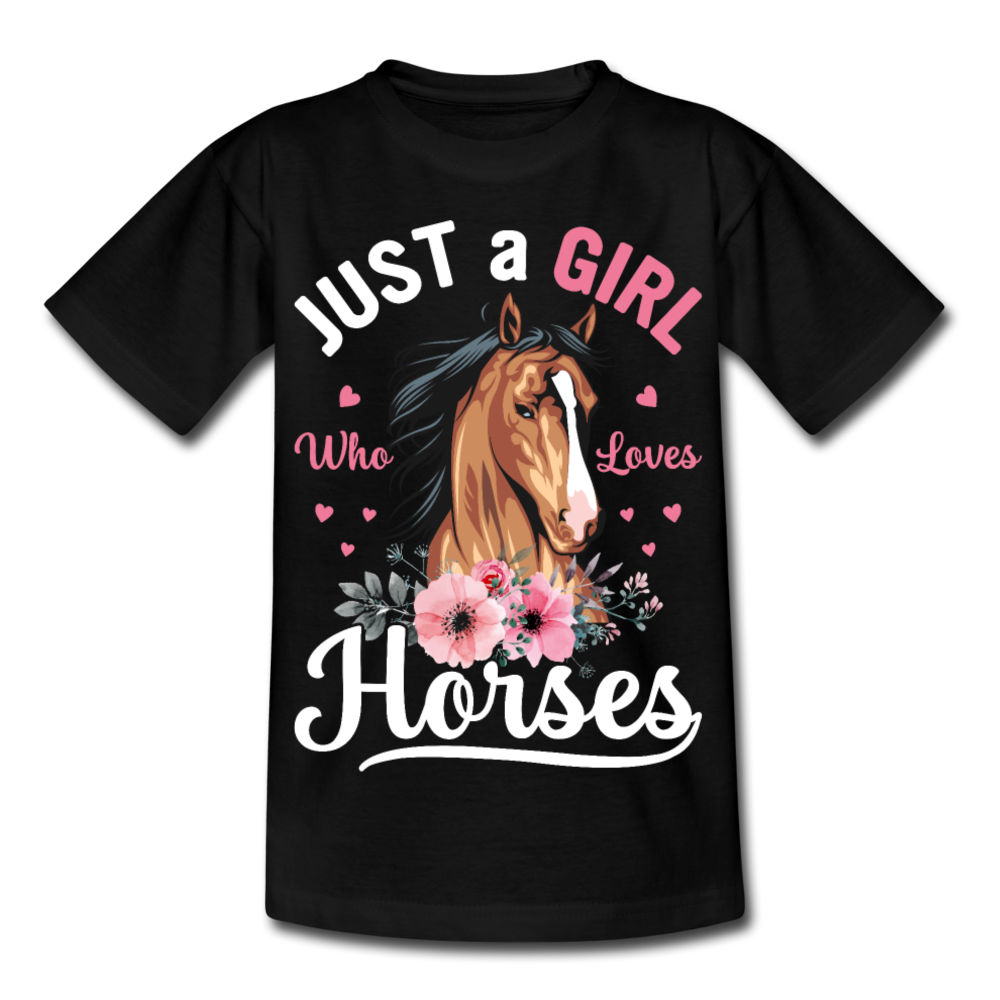 Kinder T-Shirt "Just a girl who loves horses" (Blumen-Variante) - Schwarz