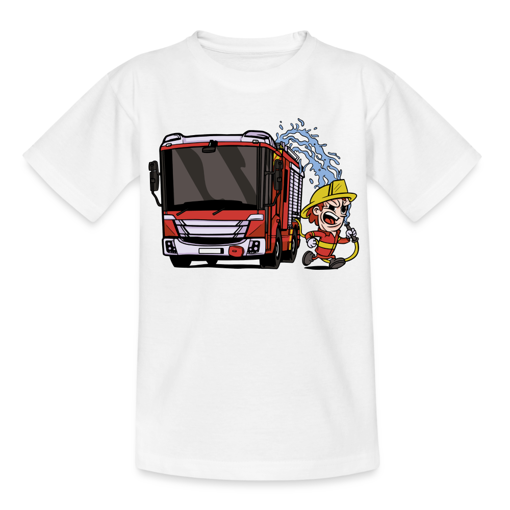 Kinder T-Shirt "Feuerwehrmann mit Wasserschlauch" - weiß