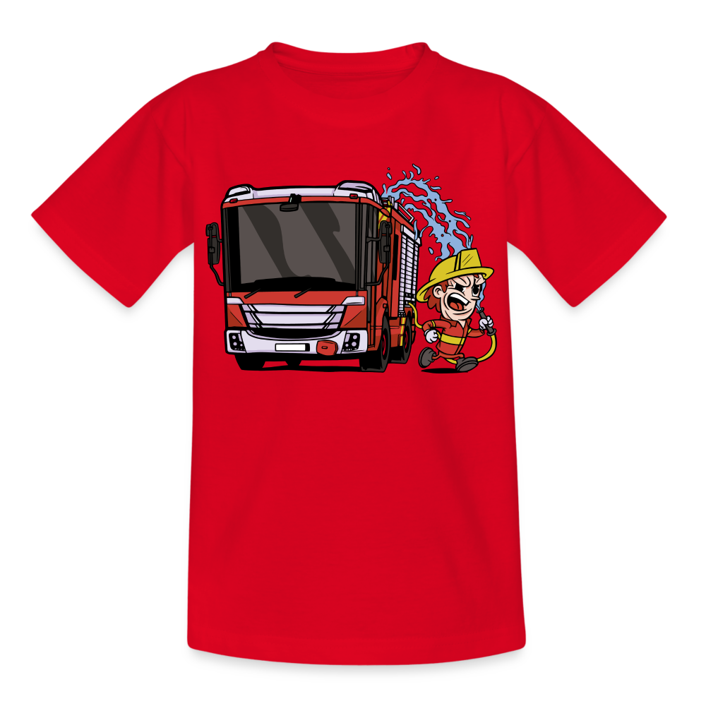 Kinder T-Shirt "Feuerwehrmann mit Wasserschlauch" - Rot