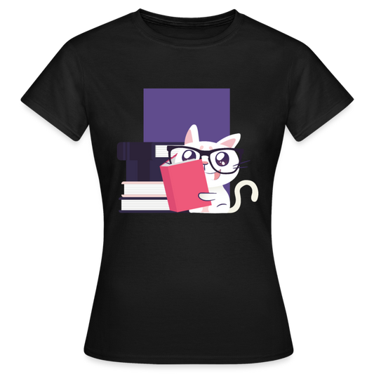 Frauen T-Shirt "Katze liest Bücher" - Schwarz
