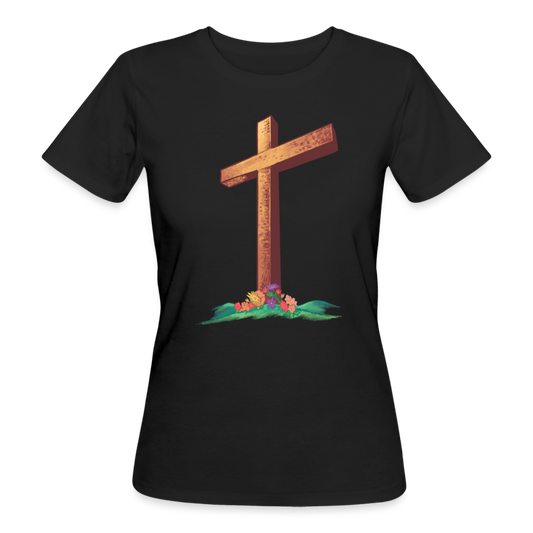 Frauen T-Shirt "Holzkreuz auf einem Blumenbeet" - Schwarz