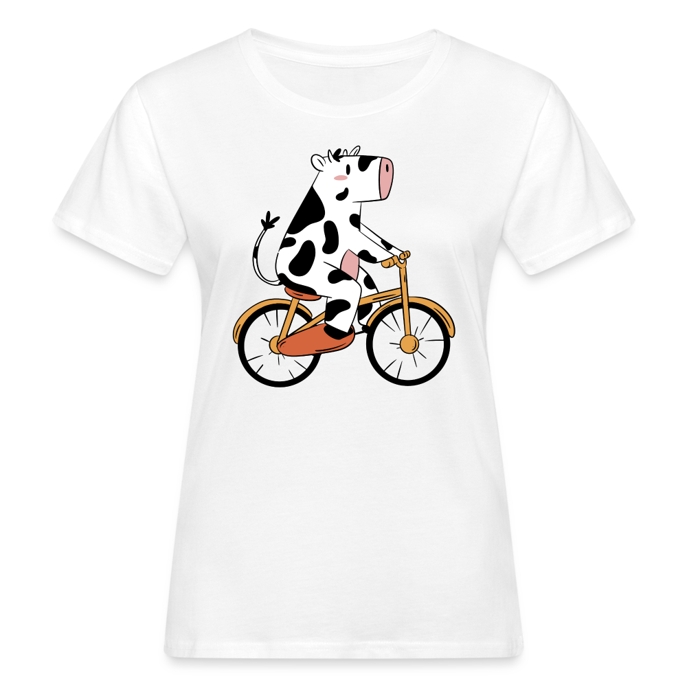 Frauen Bio-T-Shirt "Kuh mit Fahrrad" - weiß