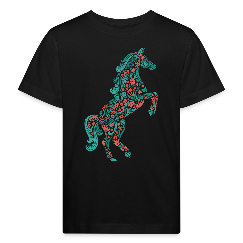 Kinder Bio-T-Shirt "Pferd aus Blumen" - Schwarz