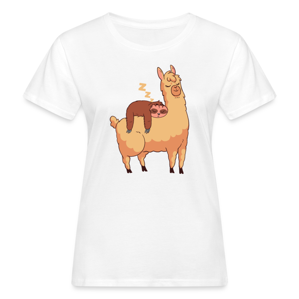 Frauen Bio T-Shirt "Faultier schläft auf Lama" - weiß