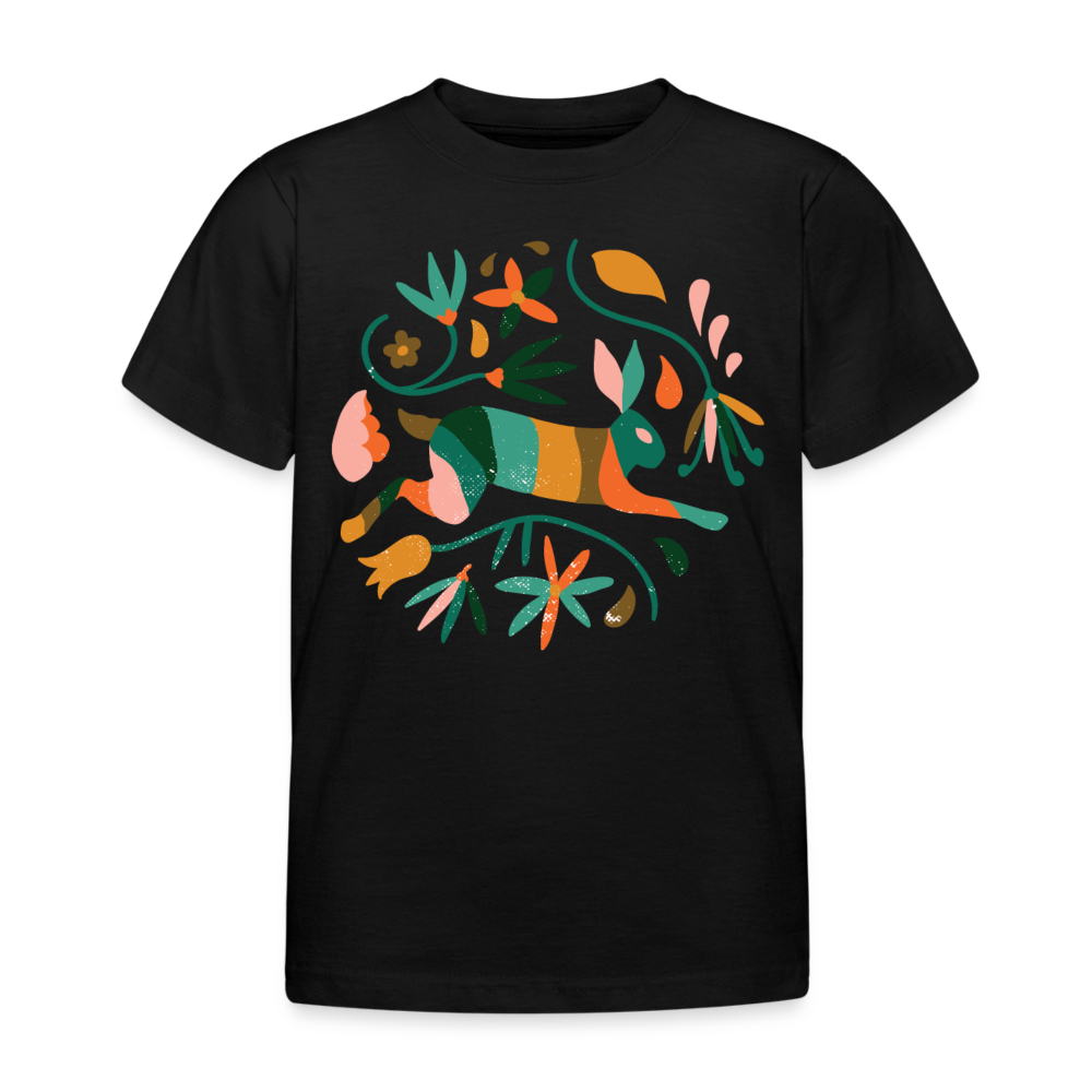 Kinder T-Shirt "Hase im Blumen-Stil" - Schwarz