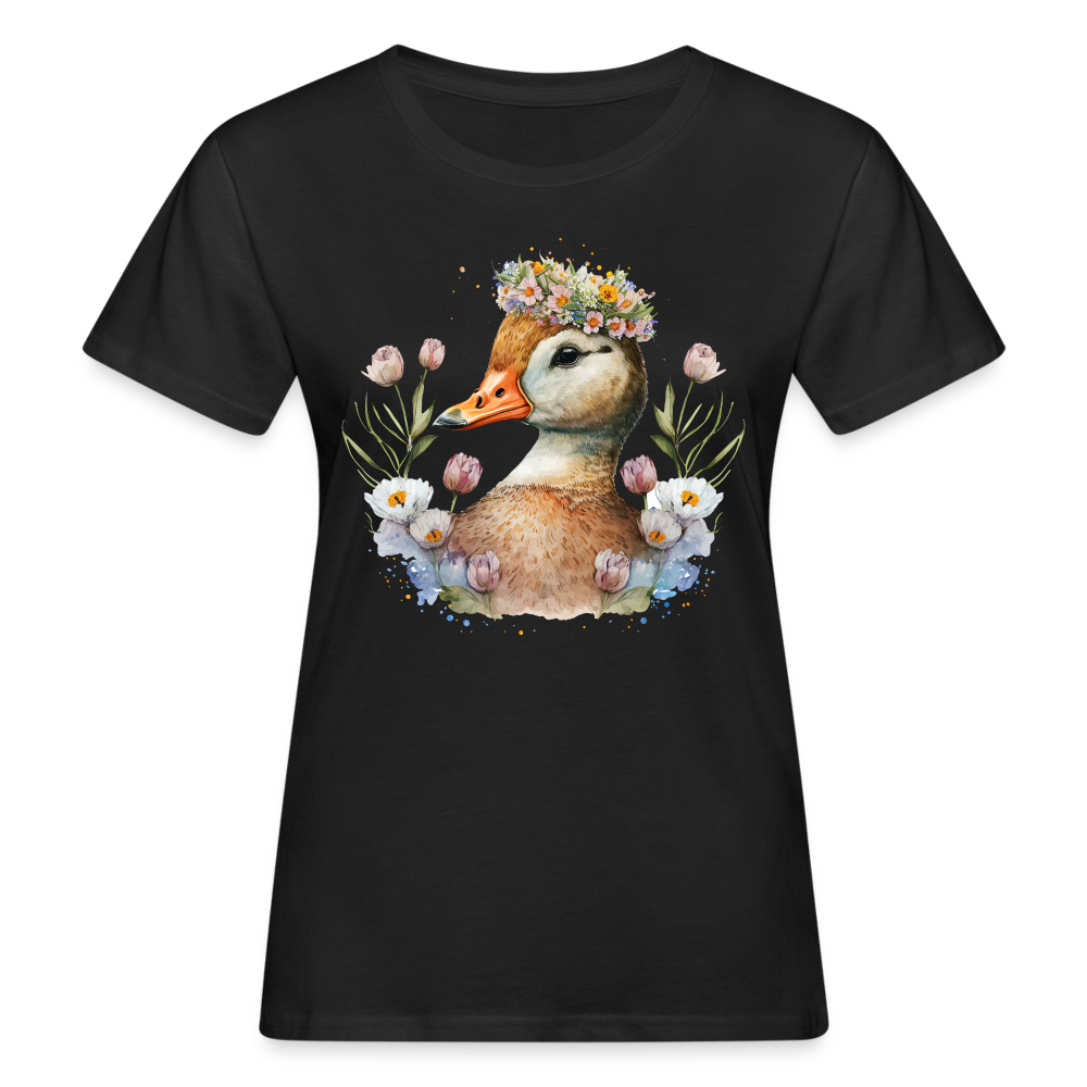Frauen Bio-T-Shirt "Ente mit Blumen" - Schwarz